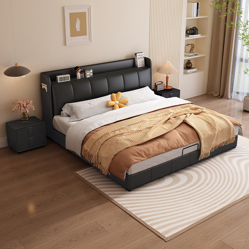 Italian light luxury leather bed, modern and simple master bedroom bed, small apartment wedding bed, Nordic storage minimalist leather bed