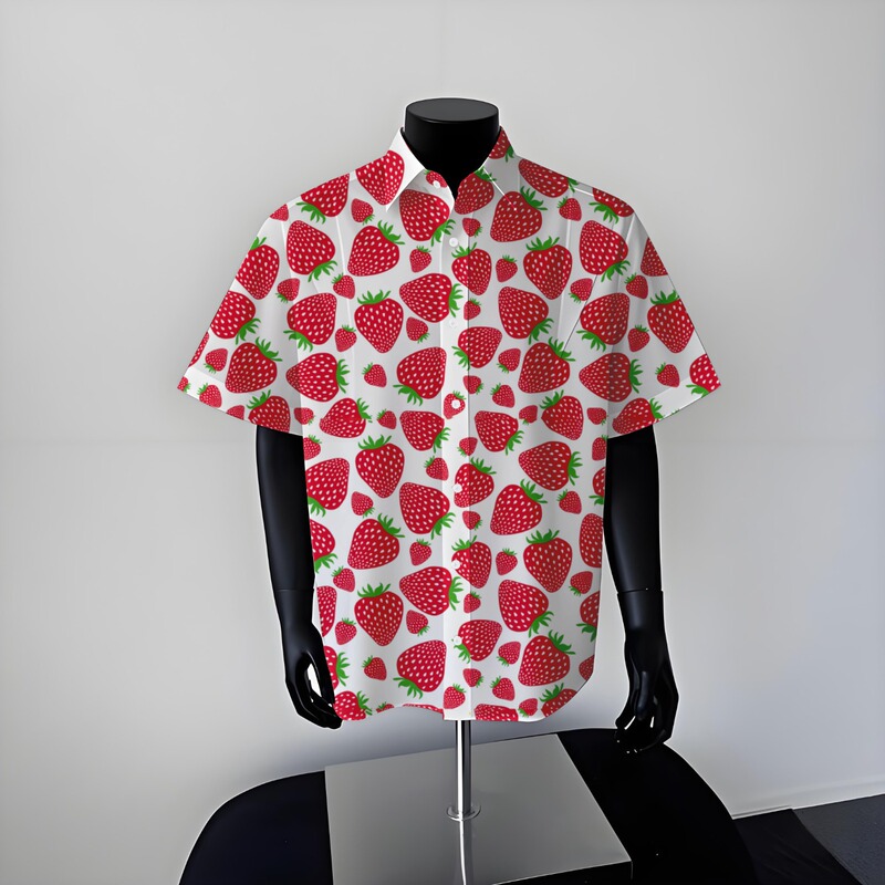 Dopamine Wear Summer Strawberry Print Hawaiian Flower Shirt Men's Short-Sleeved High-End Handsome Beach Shirt Men