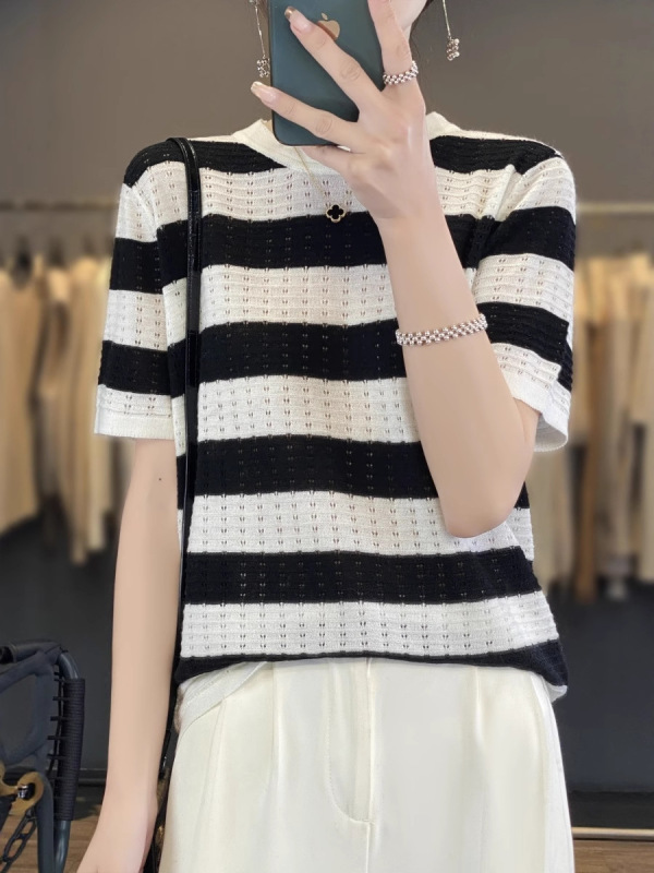 夏季黑白条纹针织衫法式复古精纺羊毛镂空薄款上衣女圆领短袖T恤|undefined