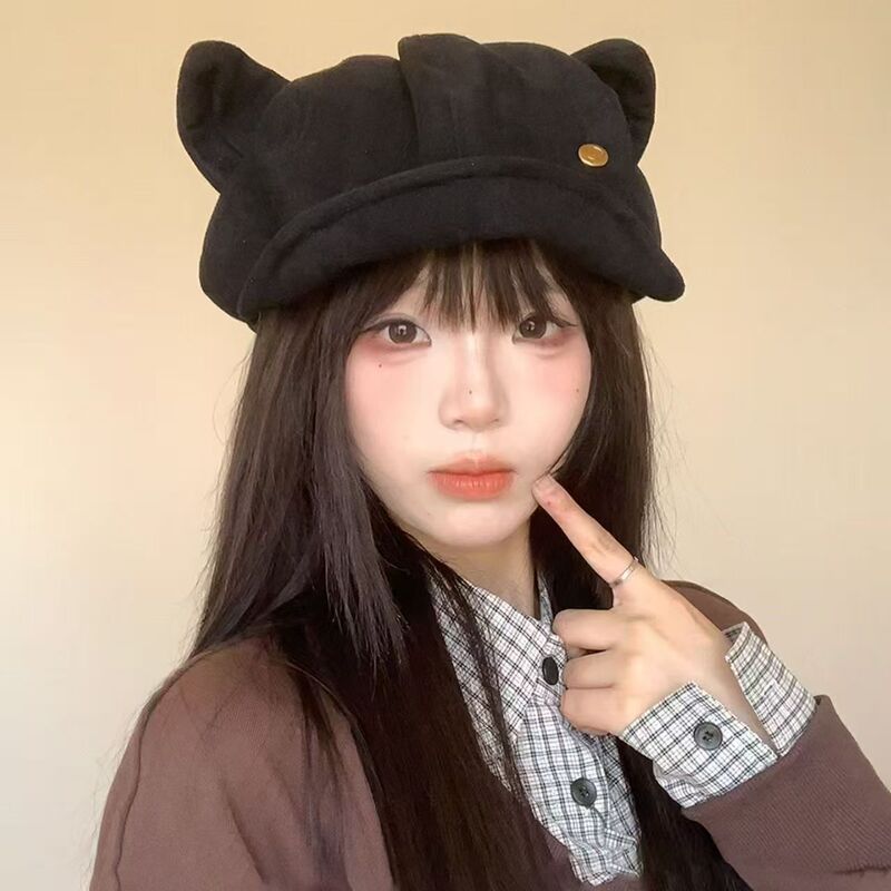 麂皮绒猫耳贝雷帽子女秋冬季新款纯色复古百搭八角帽显脸小画家帽|undefined
