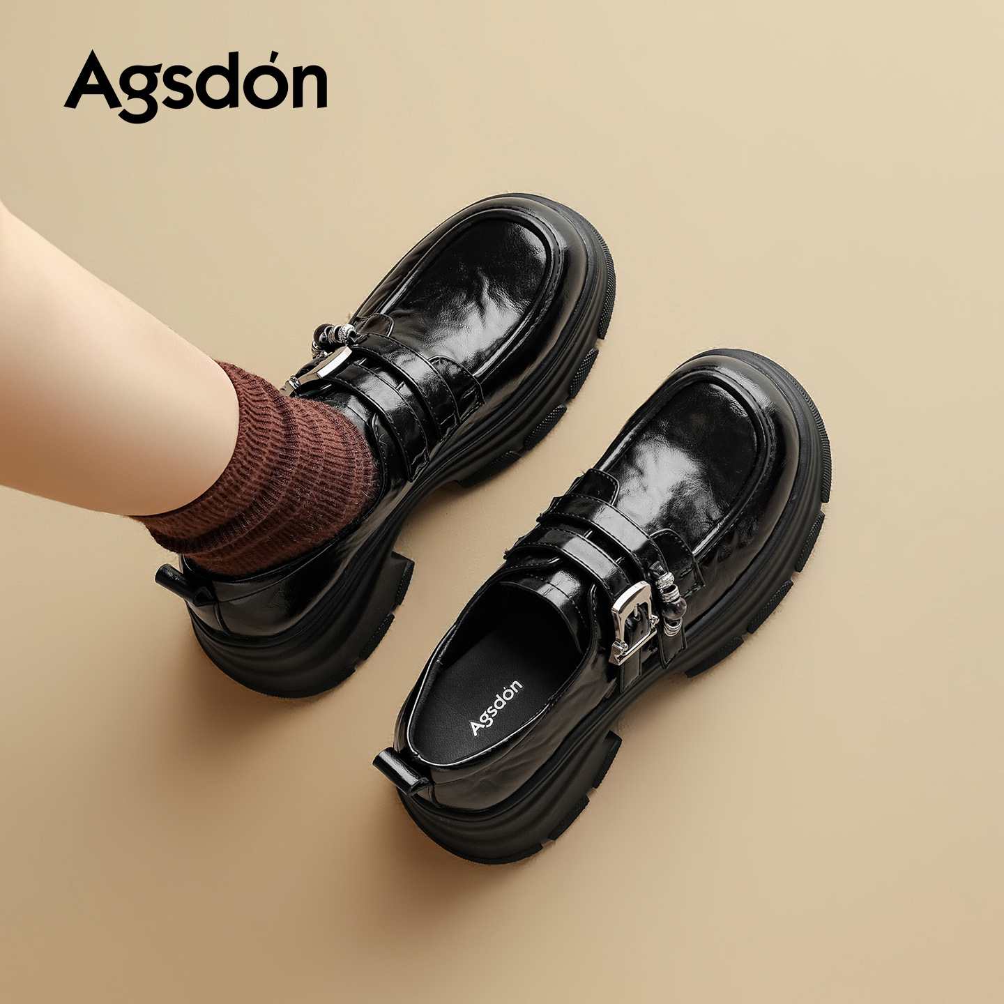 Augu ShiDeng zapatos Lefour de suela gruesa para mujeres 2026 primavera nuevo no cansado zapatos de pie único de viaje negro zapatos de cuero británicos pequeños