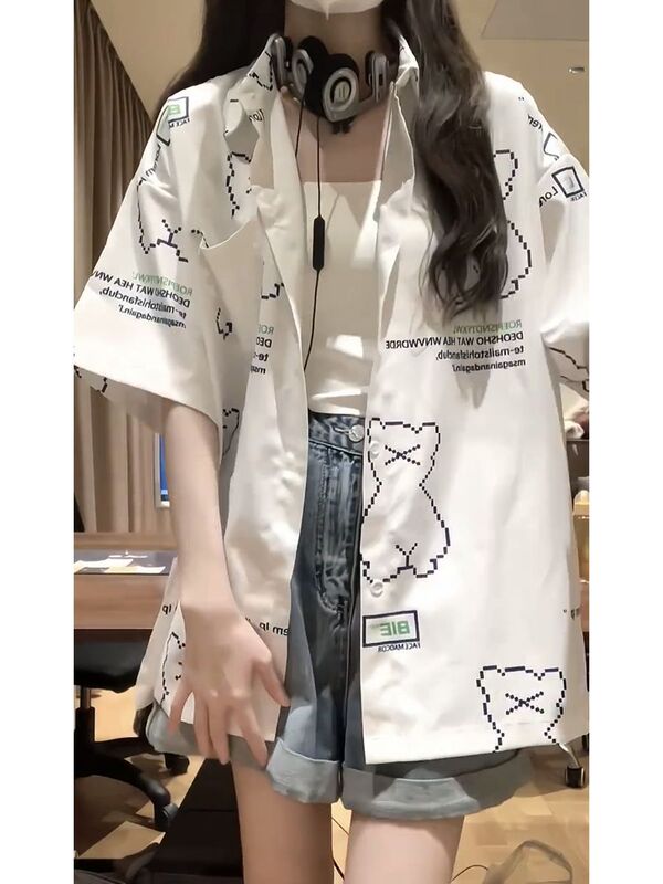 美式复古盐系小熊短袖衬衫女2025夏季chic慵懒衬衣小个子上衣|undefined