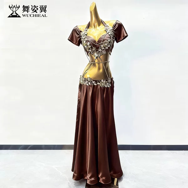 Dancing Wings Belly Dance Brown Satin Performance Costume for Women 2025 New Model Set QC3133-1