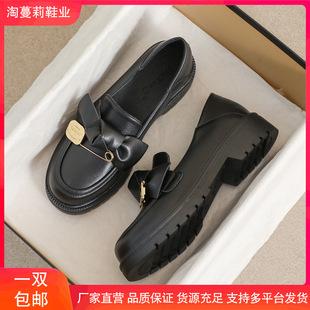 Genuine Leather Small Leather Shoes for Women 2025 Autum New Flats British Style Black Thick-Soled Loafers Professional Work Shoes