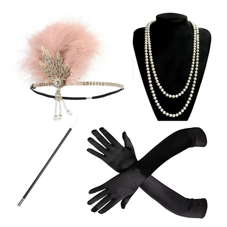 1960s Gatsby Venta caliente retro danza diadema negro avestruz pluma banda de pelo perla rhinestone tocado club nocturno