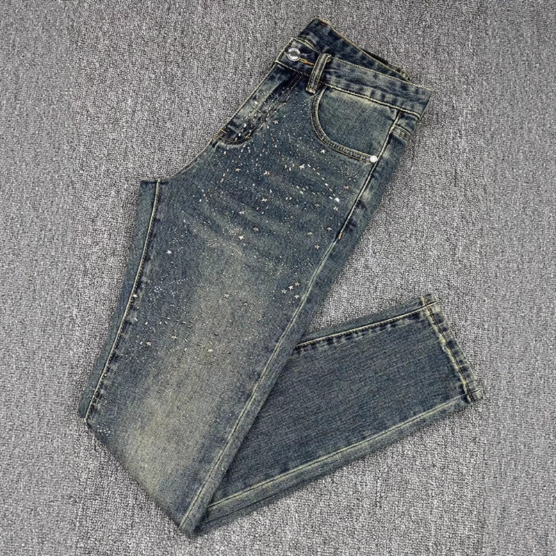 American Retro Rhinestone Jeans for Men, Summer Thin Style, High-End Trendy Brand, Slim Fit, Stylish, Versatile European-Style Pants