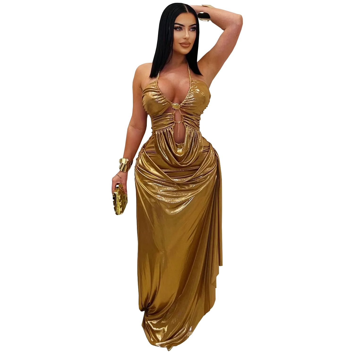 C7491 Aliexpress transfronterizo amazon ropa de moda europea y americana sexy cuello colgante chaîne de oro plegado vestido de brazo