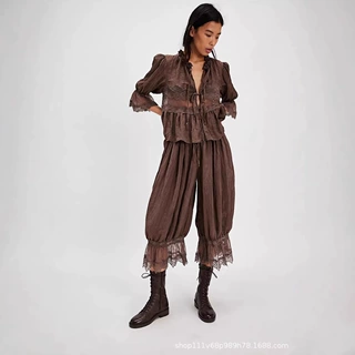 2025欧美跨境早春新款镂空蕾丝系带家居服女士舒适亲肤睡衣九分裤