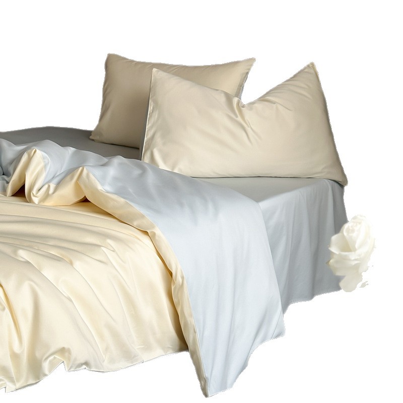 Nordic French Minimalist Retro Light Luxury Nordic 100S Satin Long-staple Four-piece Set, Simple Solid Color Pure Cotton Bed Duvet Cover, Fitted Sh_voghion.com