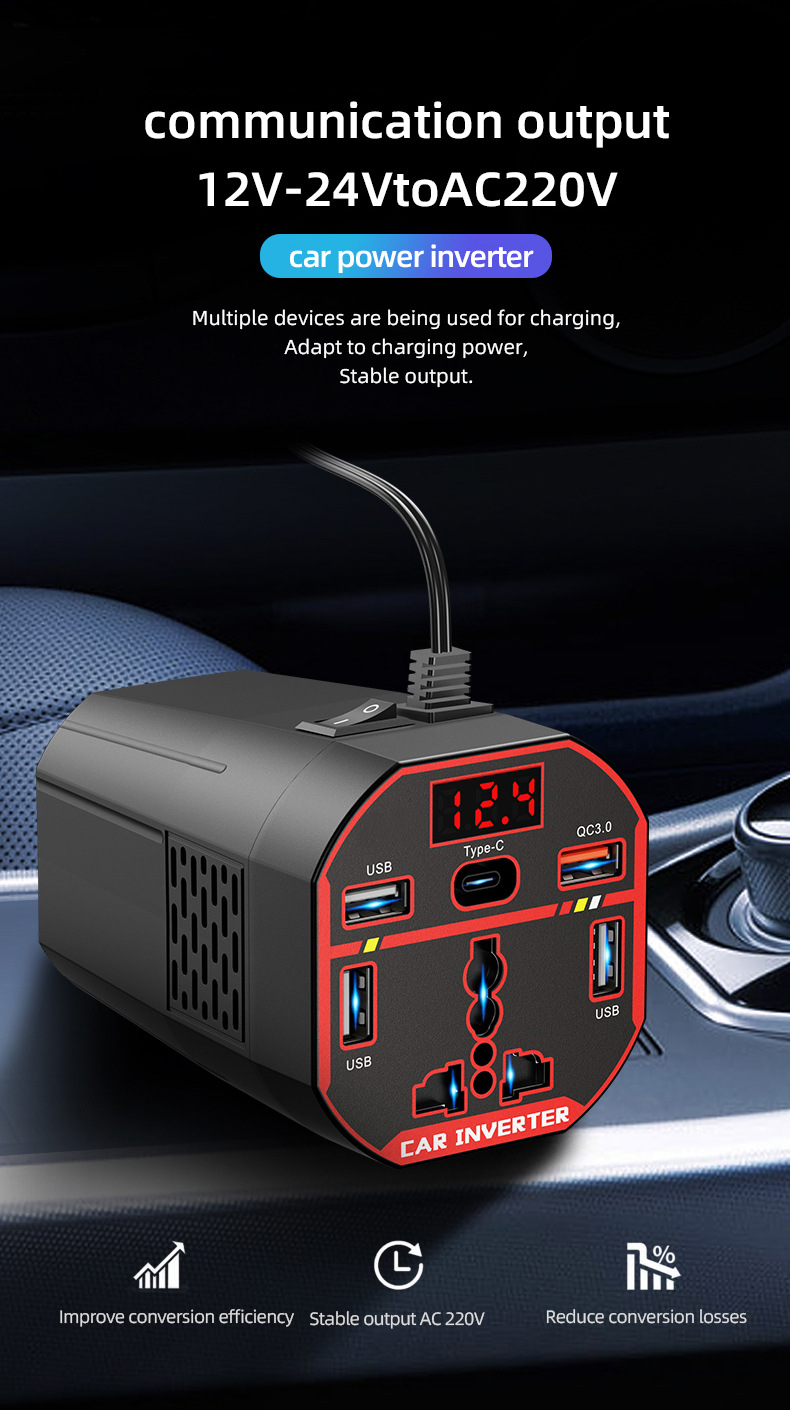 Ac Car Charger 12V24V to 220V High-Power Inverter Car Power Supply Cigarette Lighter Converter