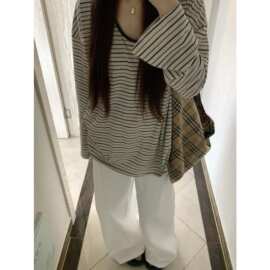 #雪花韩系松弛慵懒条纹防晒t恤女长袖薄上衣空调罩衫秋季潮
