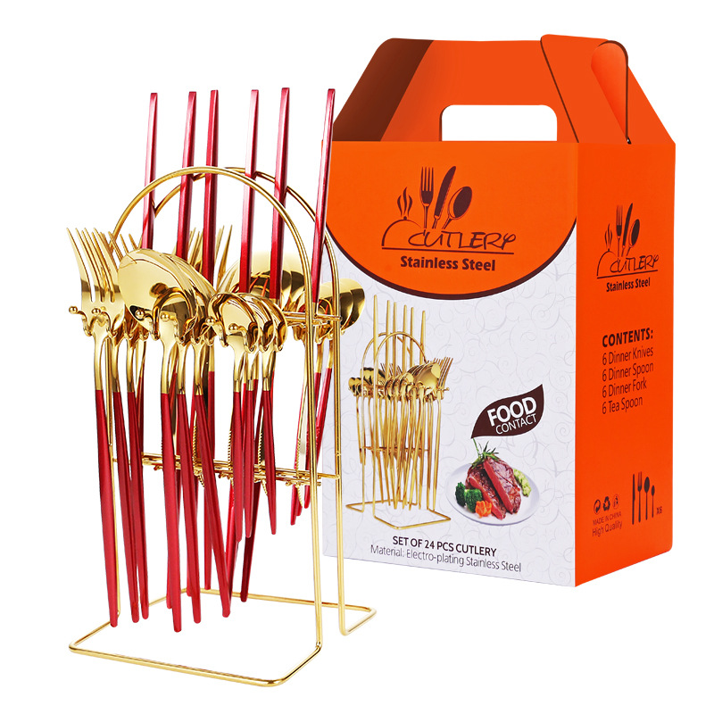 Transfronterizo Amazon Portugal comida occidental cuatro principales vajilla de acero inoxidable 24 piezas vajilla rack caja de regalo rack traje