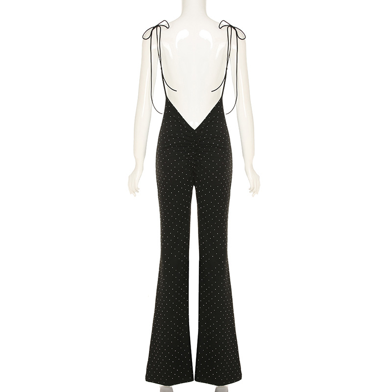 Women Clothing Rhinestone Sexy Siamese Trousers Elegant V neck Slim Fit Sheath Bell Bottom Pants Jumpsuit