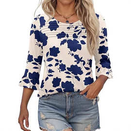 长袖女式上衣优雅休闲衬衫荷叶边喇叭袖前褶时尚夏季衬衫