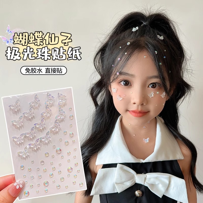 children‘s stage performance sticker face ornament pearl rhinestone butterfly stick-on crystals face makeup decoration self-adhesive glue-free water sticker