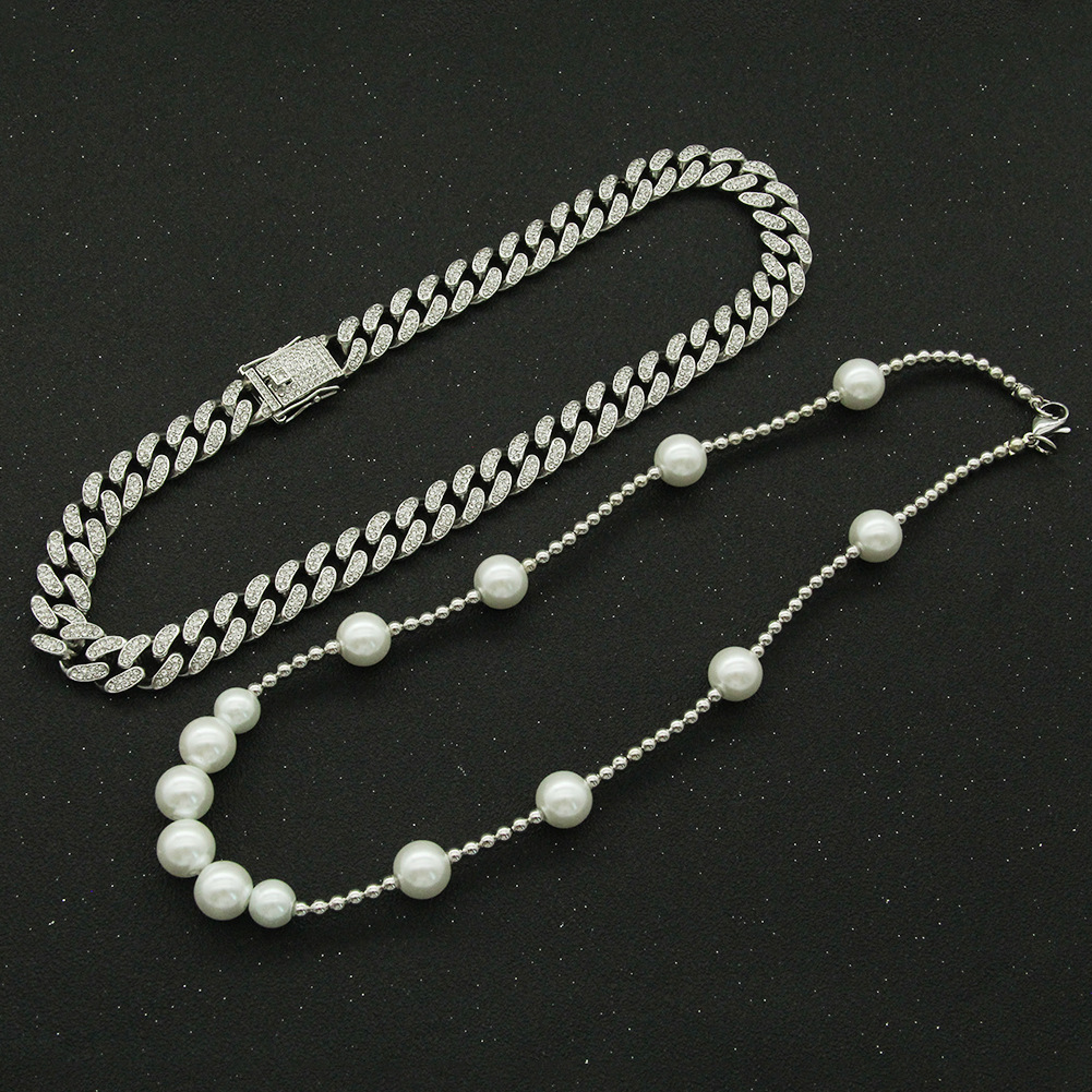 Fashion hip hop metal Cuban necklace thick pearl full diamond alloy necklace