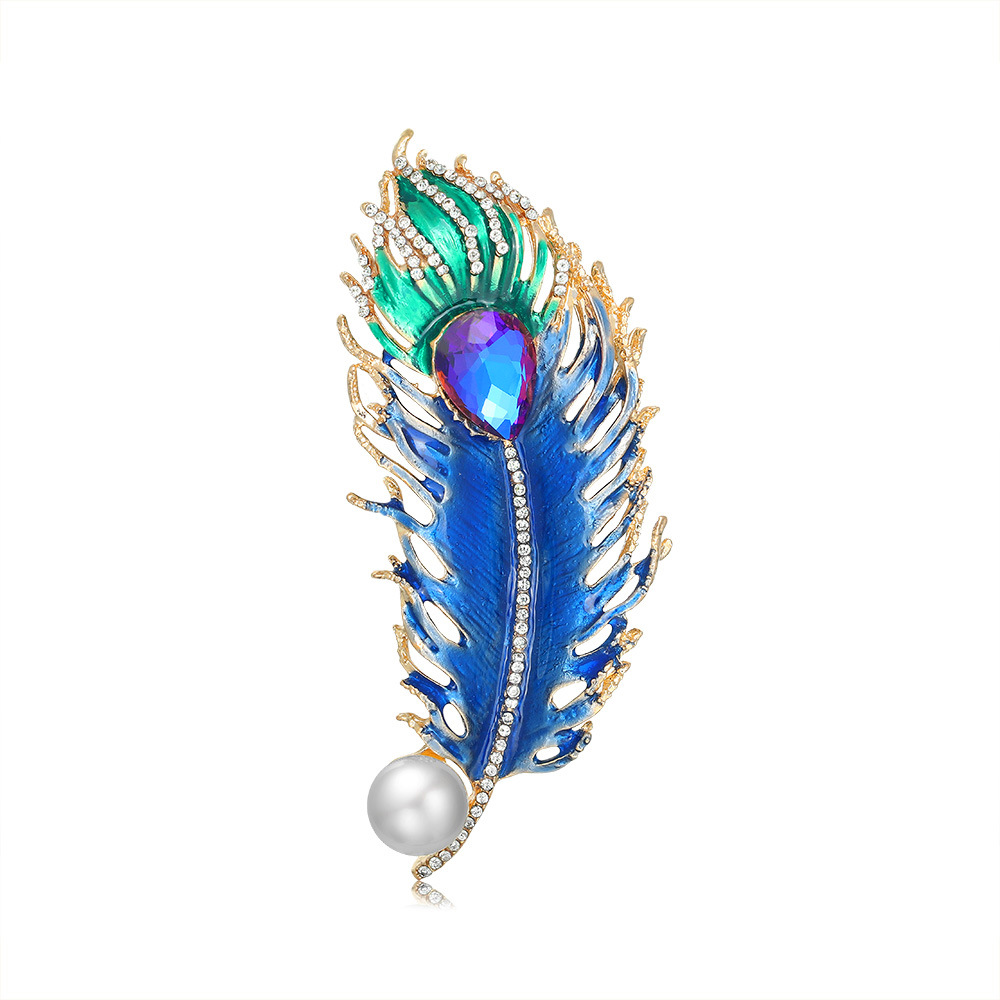 Europe and the United States creative personality retro style peacock feather brooch color oil drop diamond corsage clothing accessories wholesale