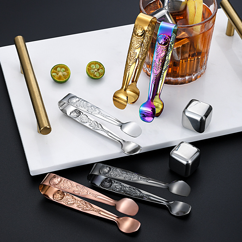 Cross-border 304 stainless steel ice clip, sugar clip, retro rose pattern ice bucket, ice cube clip, food clip, bar ice clip