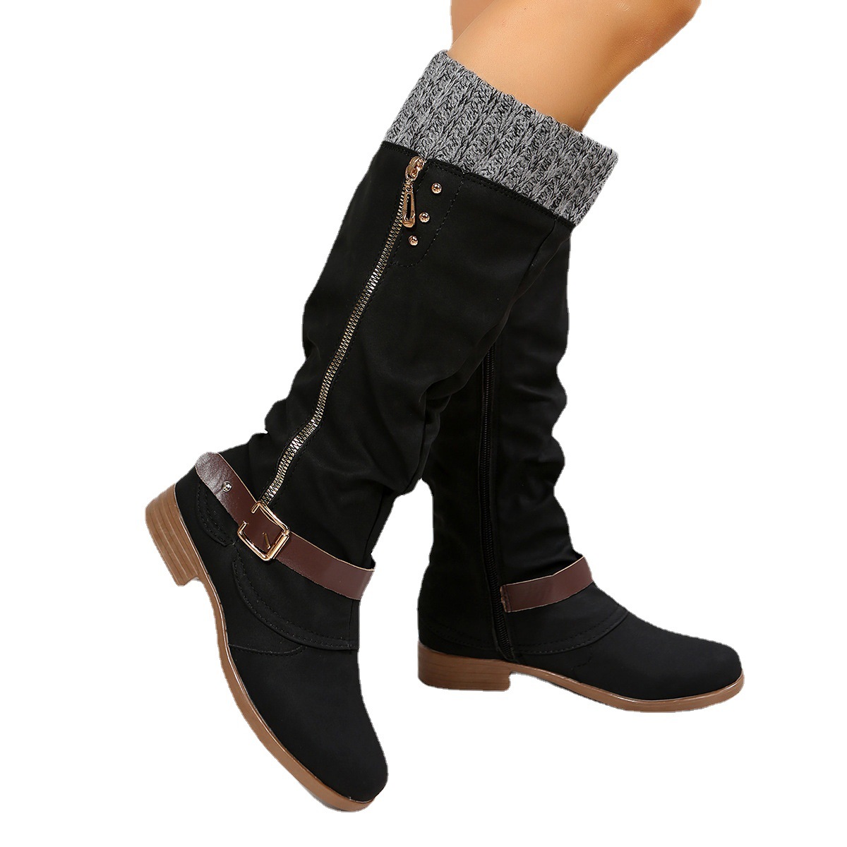New chunky heel side zip stitching boots for women_voghion.com