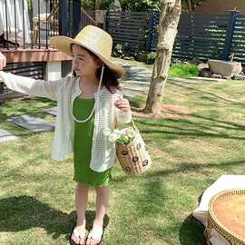 夏季新款女童童装无袖连衣裙直筒镂空外套套装透气舒适时尚两件套