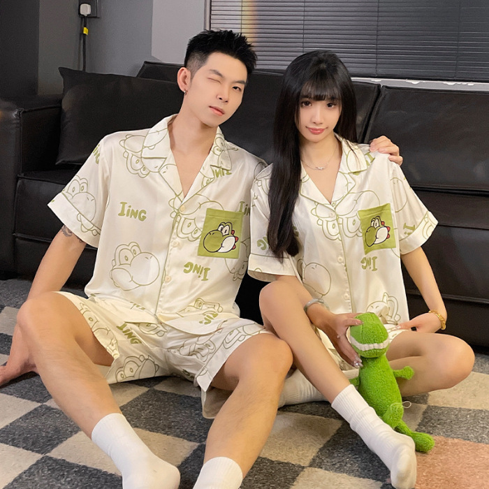 2025 nuevo pijama de pareja de verano de seda de hielo de manga corta para estudiantes lindos ropa de casa de hombre de seda