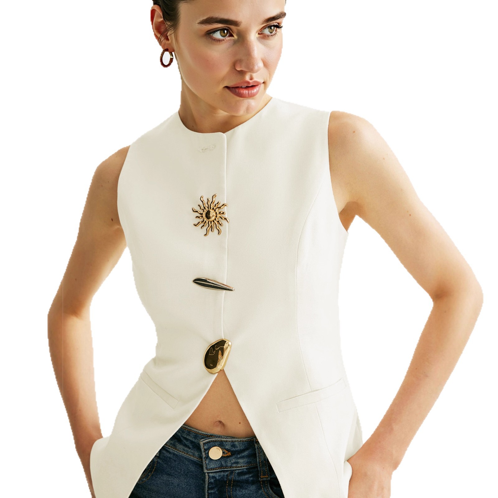 Trajes de mujer transfronterizos Europeos y estadounidenses a medida chaleco de botón dorado chaleco británico cardigan camisa