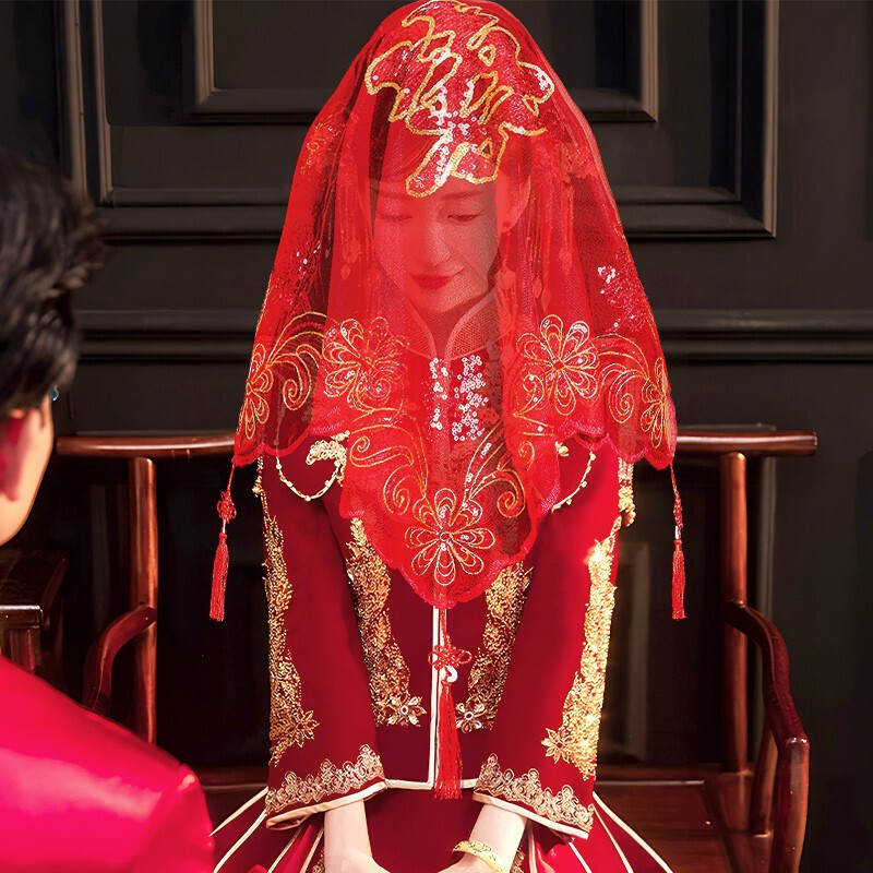 Bridal red cover wedding translucent veil Xiuhe clothing XIPA Chinese wedding red scarf wedding supplies