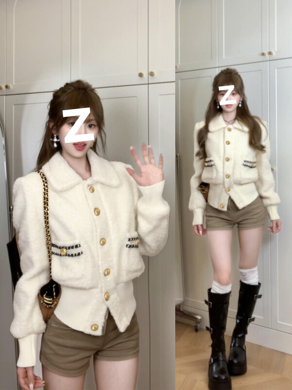 White Chanel-Style Jacket for Women, Thickened with Lamb Wool, Waist-Cinching, Short Cardigan for Petite Figures, Autumn/Winter 2025
