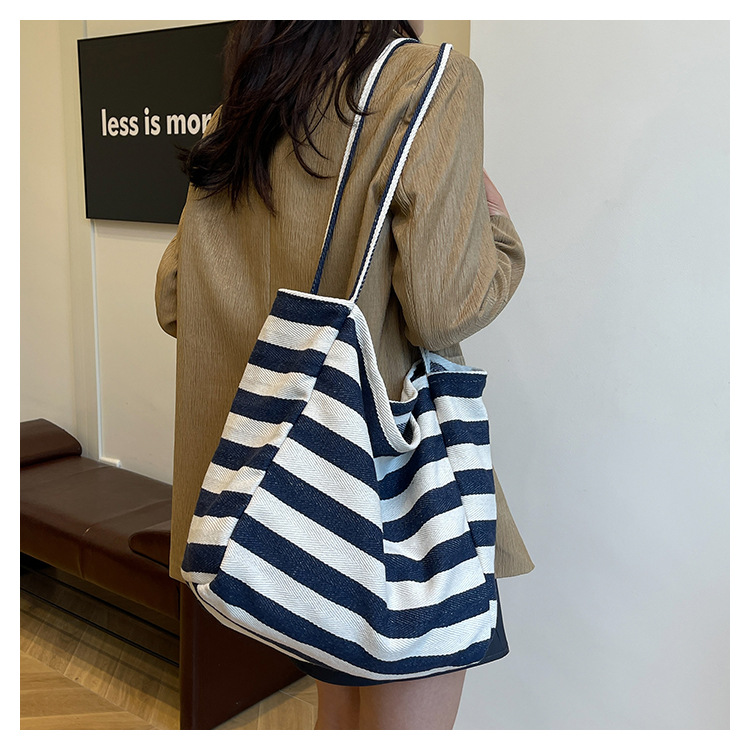 Laid-back striped canvas bag, Korean ins artistic color-blocking tote bag, large-capacity single-shoulder bag, shopping bag, large bag undefined