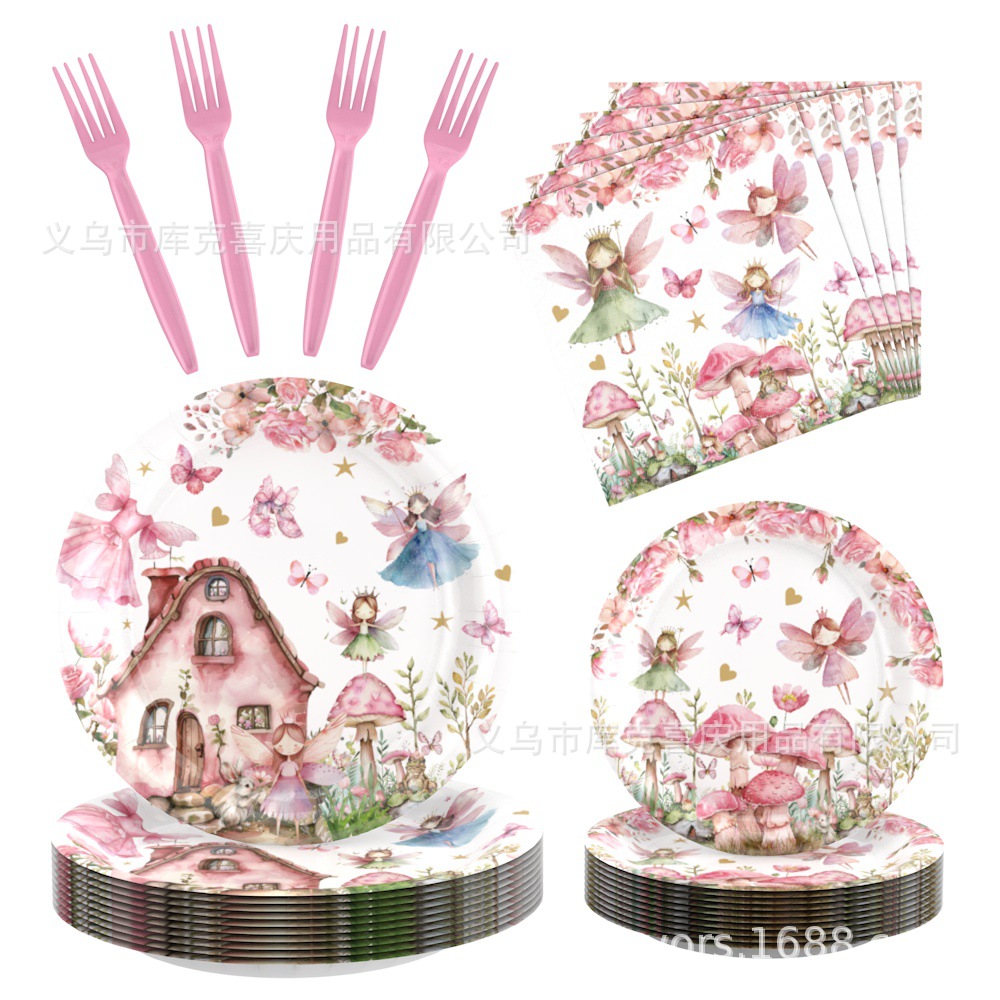 Nueva primavera flores hadas fiesta bandeja de papel desechable tazas de papel toallas de mesa cubiertos decoración de fiesta de cumpleaños para niños