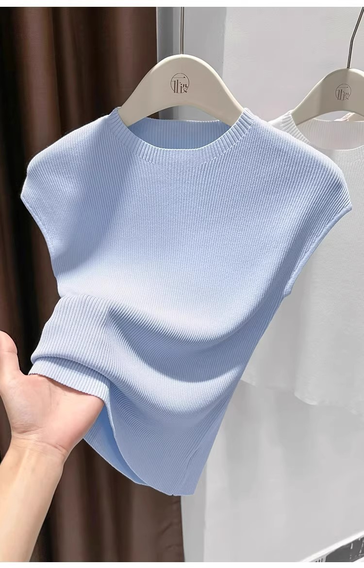 Women's Slim-Fit Short Sleeve Top Ice Silk Cropped Tee Soft Stretchy Casual Shirt for Summer with Flutter Sleeves_ecoleips.com