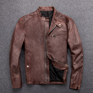 Japanese Style New Slim-Fitting Short Goatskin Genuine Leather Jacket Korean Style Stand-Up Collar Leather Jacket Vegetable Tanned Pure Leather Jacket