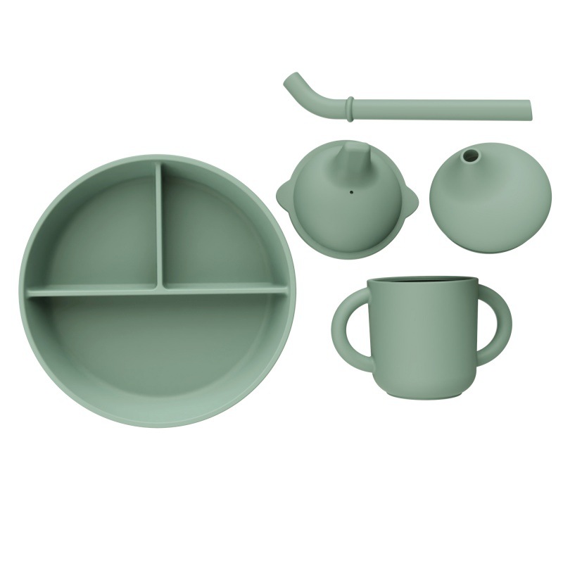 Alimentos de silicona set de cubiertos para niños cucharas blandas tenedor ventosa cuenco divisor de platos de comedor bib puede personalizar caja de regalo