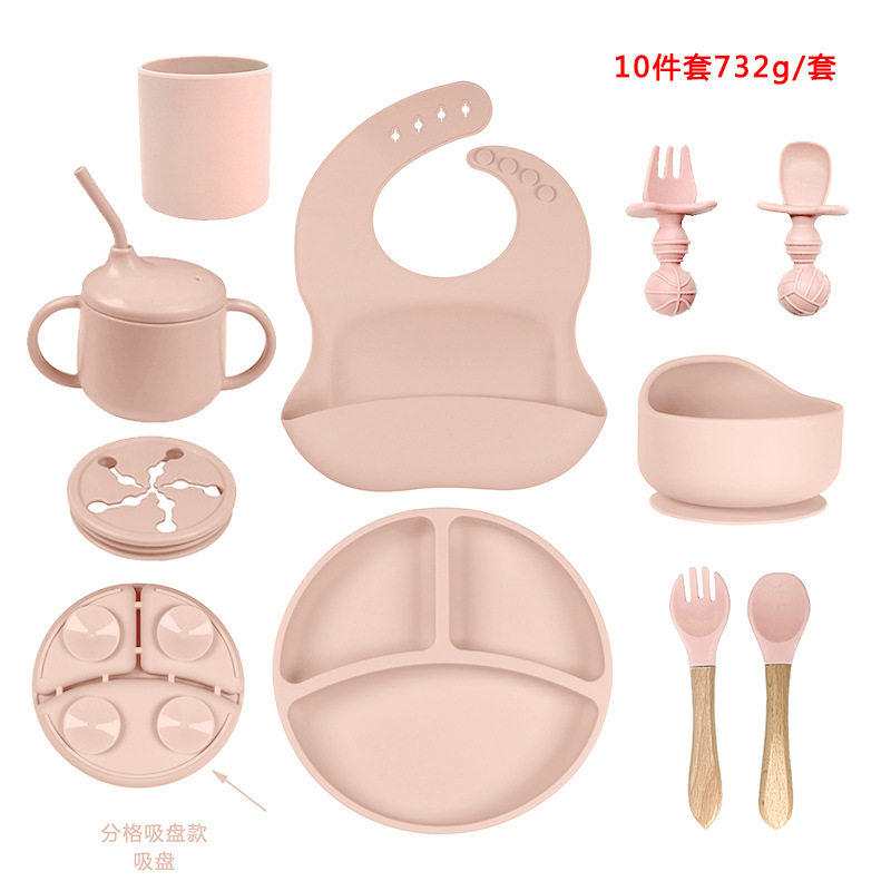 Bebé de silicona plato bebé ventosa compartimento tazón tenedor cuchara babero auto-alimentación niños suplemento alimenticio traje vajilla
