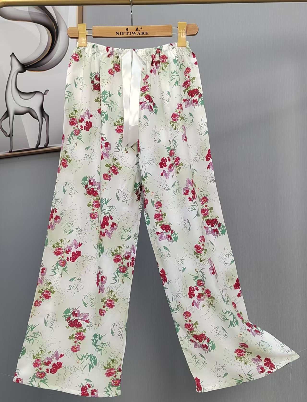 Pijama de seda de algodón para mujer, pantalones anchos de mujer embarazada de seda de algodón con estampado fino de verano