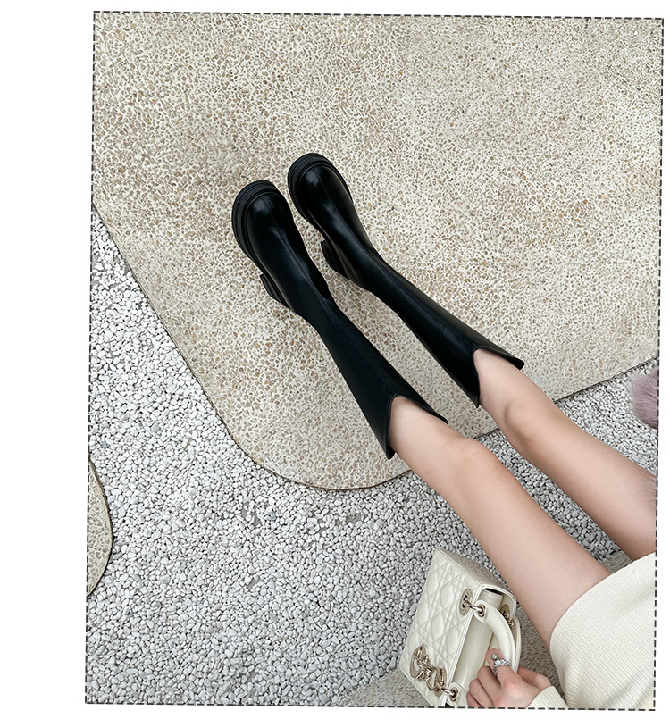 Bottes Slim élastiques pour femmes, avec bouche en V surélevée, fond épais, bottes hautes blanches, nouvelle collection automne/hiver 2024_voghion.com