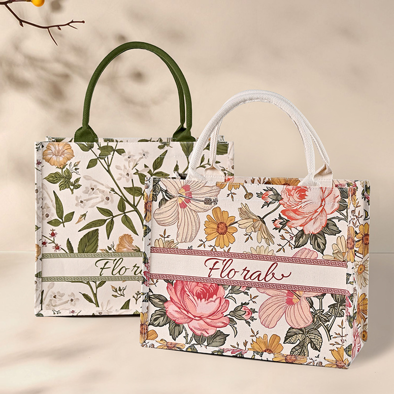 Bolsa de lona de gran capacidad personalizada logotipo floral bolsa de lona de chicas acompañante regalo lienzo bolsa de lona al por mayor transfronteriza