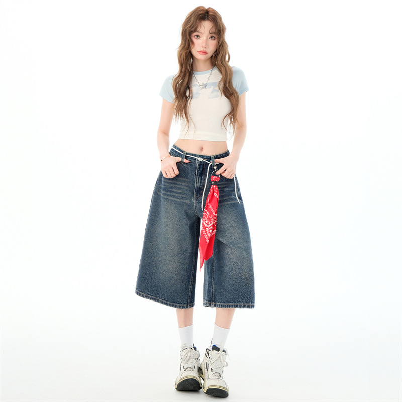 블루 크롭 팬츠 여자 여름 얇은 스트레이트 느슨한 높은 허리 슬리밍 데님 올 매치 쇼트 팬츠 2025 다크 블루