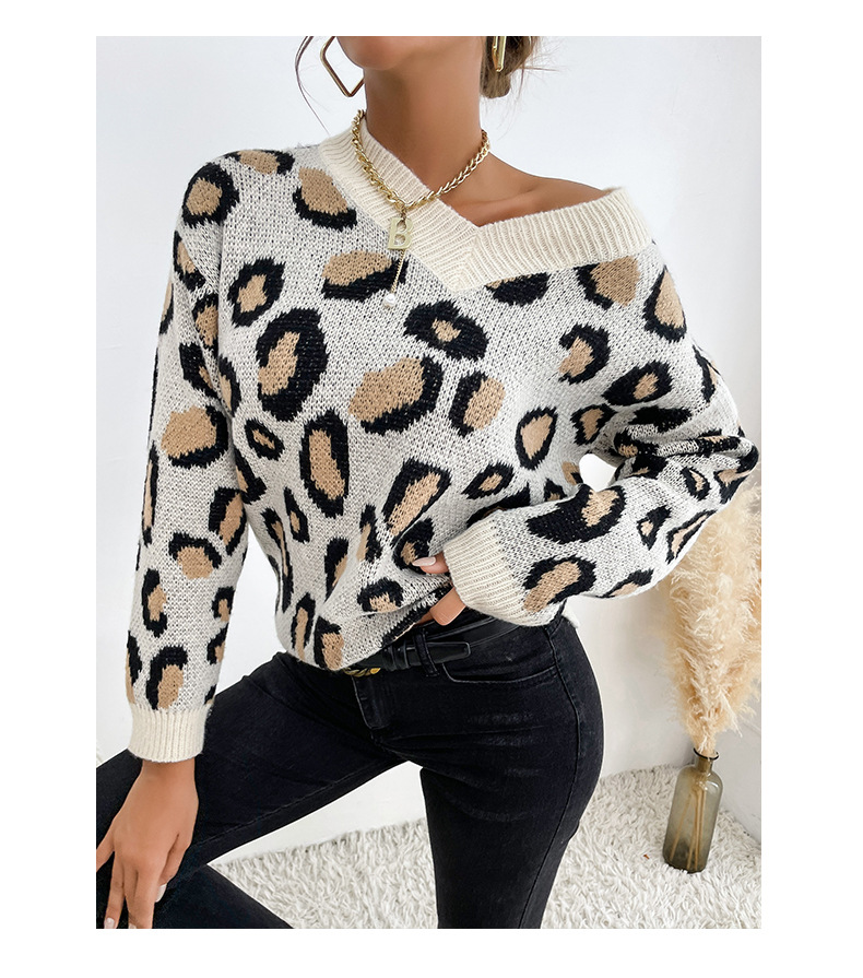 Maglione a maniche lunghe sciolto girocollo lavorato a maglia con stampa leopardata_voghion.com