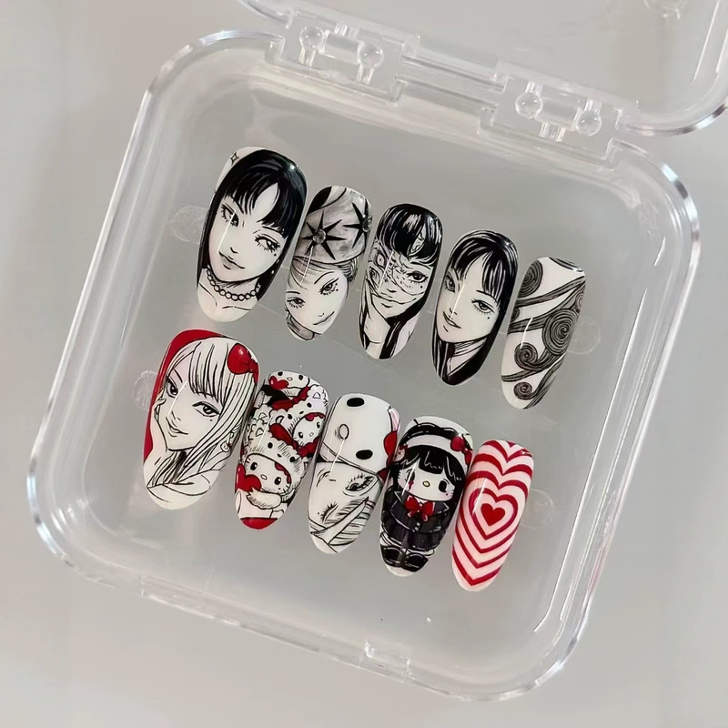 Junji Ito Tomie's dark-toned medium oval niche design false nail patches, cross-border factory wholesale Junji Ito Tomie's dark-toned medium oval niche design false nail patches, cross-border factory wholesale