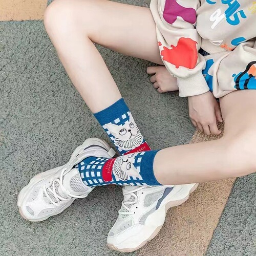 Trendy brand lolita French illustration cartoon literary female medium high-top retro pink cat cute girl socks