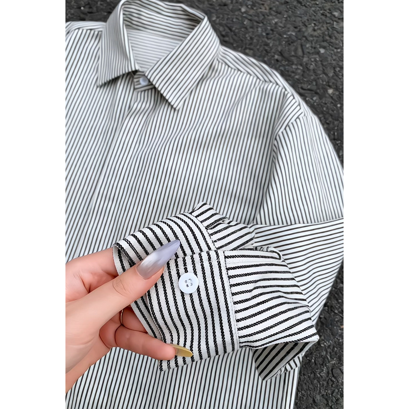 Camicia a maniche lunghe a righe stile retrò americano da uomo, nuova camicia casual ampia di tendenza per primavera e autunno, top hip-hop_voghion.com