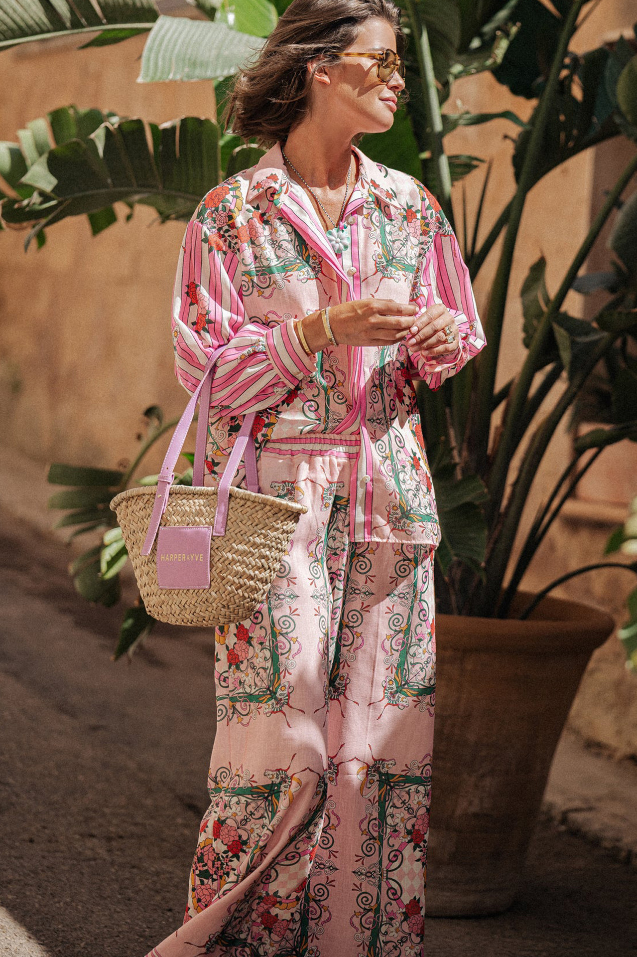 Holiday Occasion Holiday Women's Casual Streetwear Stripe Flower Polyester Printing Button Pant Co-ord Set Pants Sets