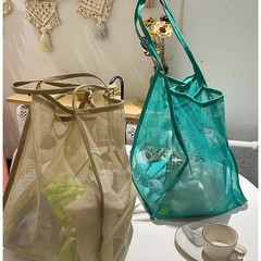新纯色网纱沙滩包便携大容量手提包百搭透明单肩购物袋时尚网眼包