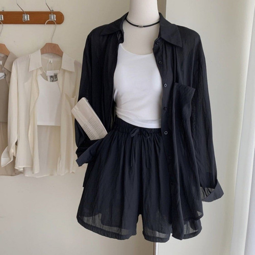 Korean casual sun-drying shirt set for women's spring and summer thin cardigan shirt + suspenders + high-waisted shorts three-piece set