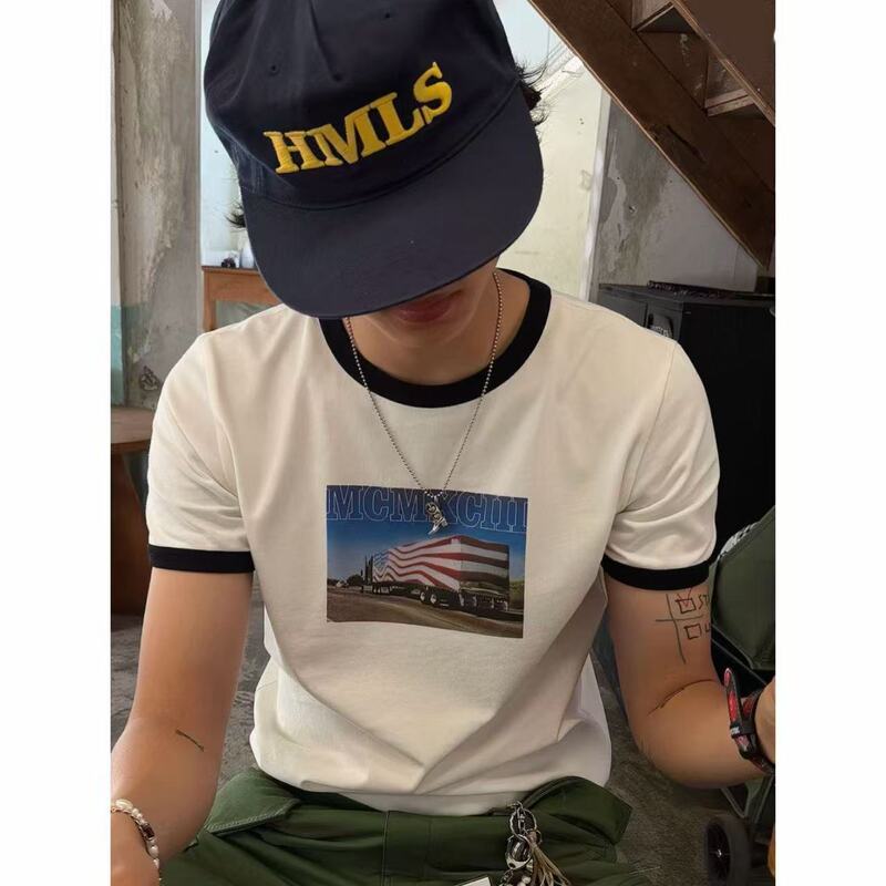 26Ss American-Style Fun Truck Flag Illustration Retro Print Short-Sleeve T-Shirt Unisex Short-Cut Regular Shoulder Color-Block Top