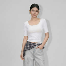 中袖U型领短袖T恤女夏季纯欲风紧身显瘦露背性感半袖短款露脐上衣