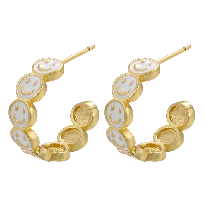 Colorful dripping smiley face C-shaped 18K gold-plated copper earrings