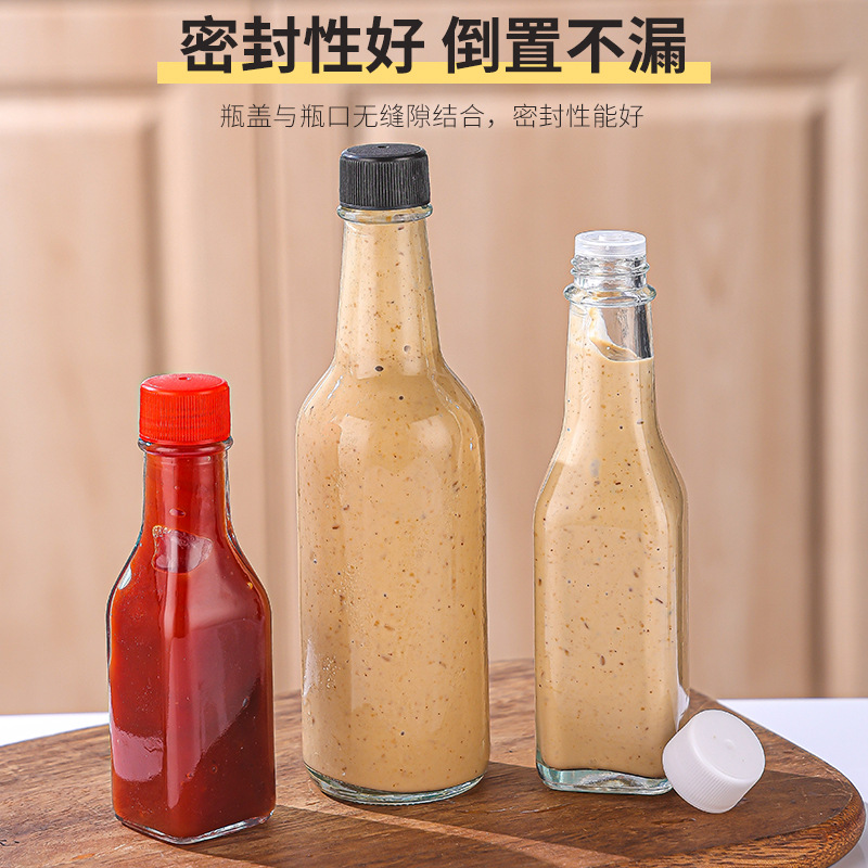 Botella de vidrio de tomate cuadrada al por mayor 250ml botella de ensalada de sushi redonda transparente botella de embalaje