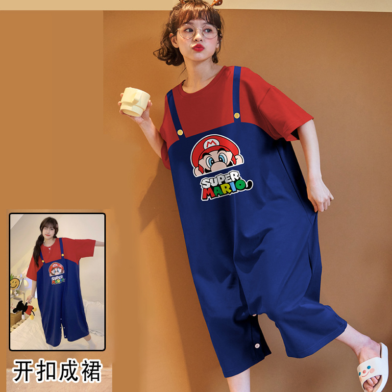 Women's Sleepwear Spring and Summer Thin Cute Cartoon Strap Pants chubby girl Short-sleeved Home Wear suit